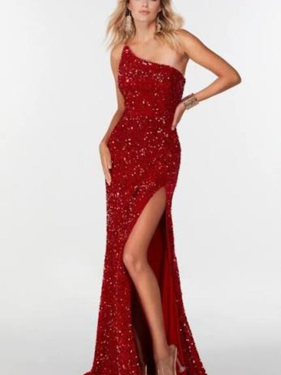Alyce Paris Dresses & Skirts - Size 12 red one shoulder sequin on soft velvet trumpet gown NWT Alyce Paris